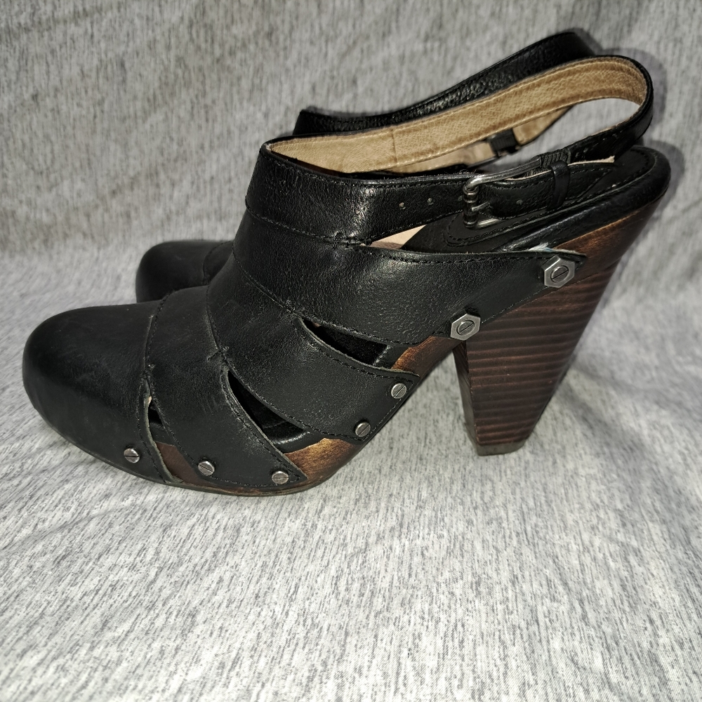 Frye Black Leather Cutout Slingback Stacked Heel Pumps